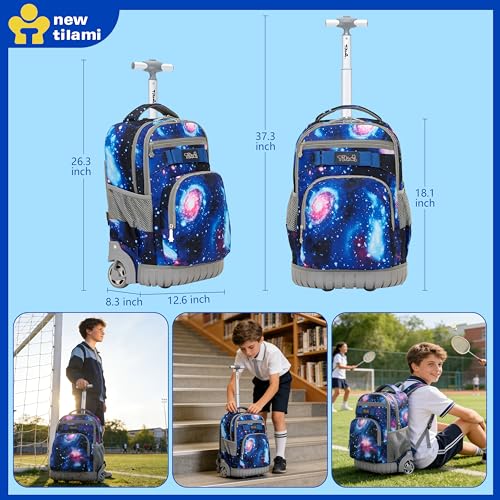NEW TILAMI Rolling Backpack for Kids 18 Inch Wheeled Laptop Backpack Kids School Travel - color: Deep Space
