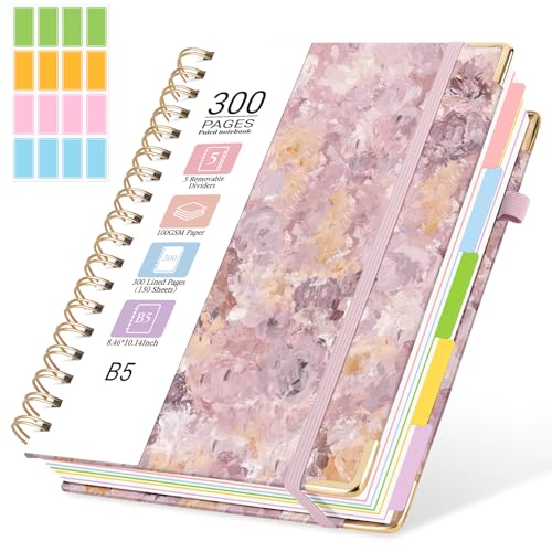 Hardcover Spiral Journal Notebook, 300 Pages 5 Subject Notebook College Ruled with Removable Dividers Tabs, 8" x 10" Notebooks for Work, Spiral Ruled Lined Writing Journal Hardcover Leather Notebook for School (Purple oil painting, 8''x 10'') - color: Pur