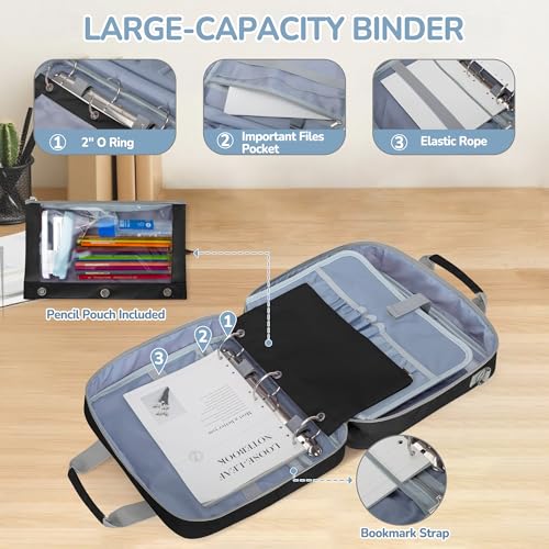 YARWO 2026 Upgraded Zipper Binder 3 Ring with Pencil Pouch, 500 Sheets Binder Bag with 5-Tab Expanding File Folder and 14” Laptop Padded Sleeve, Portable Zipper Bag for College, Office, Home, Black - color: Black