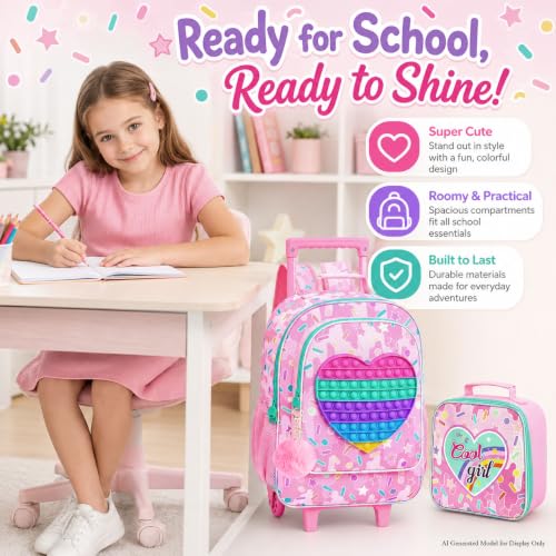 CCJPX 3Pcs Kids Rolling Backpack for Girls, Love Roller Wheeled Bookbag Toddler Elementary School Bag with Wheels (Pink) - color: Love Pink