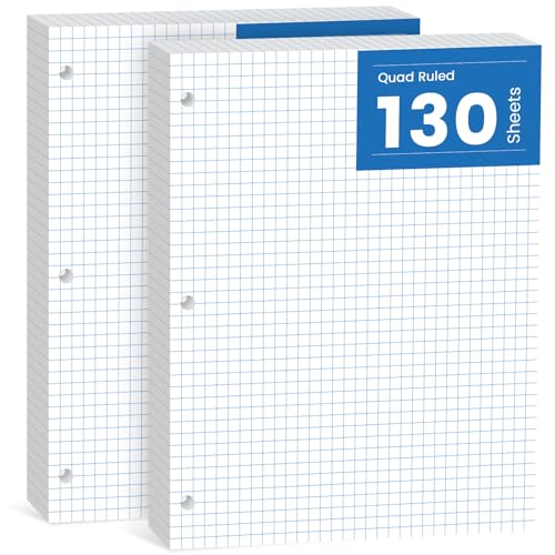 260 Sheets Loose Leaf Paper, 4x4 Graph Ruled, 8''x 10.5'' Filler Paper, 3-Hole Punched Binder Paper, Quad Ruled Graph Paper 8 x 10-1/2, Quadrille Graph Paper Loose Leaf Bulk with 3-Ring for Binder - style: 8x10.5-Squared-4x4-2 Pack (260 Sheets)