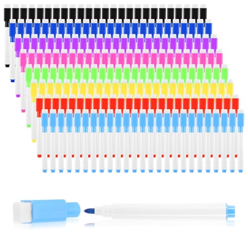 Kifmurase 200PCS Magnetic Dry Erase Markers with Eraser Cap, Assorted Colors Fine Tip Whiteboard Markers for Teachers Office School Supplies, Bulk Mini Dry Erase Pens(8 Colors)