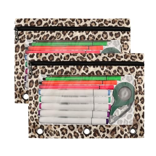 Kcldeci Pencil Pouch for 3 Ring Binder, Leopard Print 2 Pack Binder Pencil Pouch with Clear Window Pencil Bags with Zipper Pencil Case for Binder - color: A05
