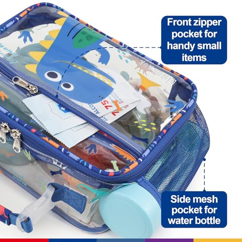 Bagseri Clear Kids Lunch Bag - School Snack Bag with Bottle Holder | Side Pocket, Buckle Handle, Wide Opening, PEVA Lining, School Boys Lunch Box, Clear Toy Bags, Blue Dinosaur - color: B-blue cute dinosaur