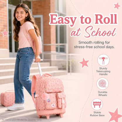 CCJPX Rolling Backpack for Girls, 3Pcs Roller Wheeled School Bookbag, Star Wheels Backpacks with Lunch Box for Kids (Pink) - color: Star Pink