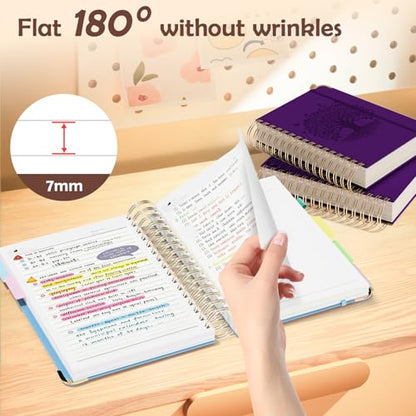 QIYVLOS Hardcover Spiral Notebook, A5 Journal with Removable Dividers Tabs, 5 Subject Notebook College Ruled, 320 Pages 6"x8" Leather Notebooks for Work School Study, Lined Journal for Women, Purple - color: A5/Purple
