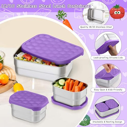 Homikit 3 Pack Kids Lunch Box Set, 18/10 Stainless Steel Bento Boxes with Silicone Lids Leak Proof, 5 Cups Reusable Metal Food Snack Containers for School Daycare, Nontoxic & Dishwasher Safe, Purple - color: Purple, size: Medium