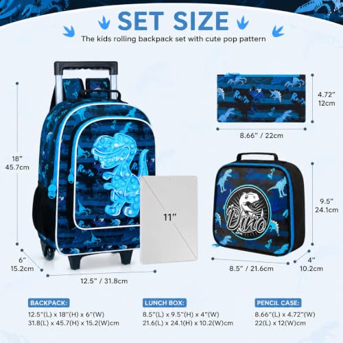 AGSDON 3PCS Rolling Backpack Boys, Kids Roller Wheels Bookbag, Wheeled School Bag with Lunch Bag - Dinosaur Bule - color: Blue