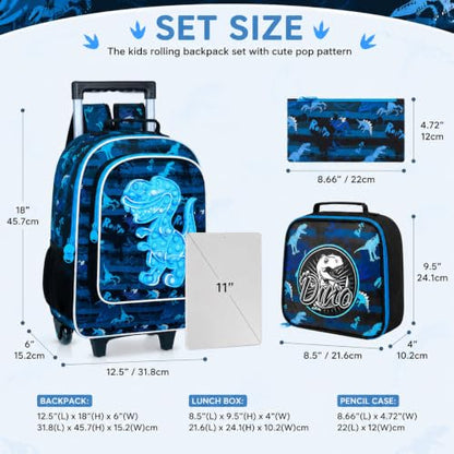 AGSDON 3PCS Rolling Backpack Boys, Kids Roller Wheels Bookbag, Wheeled School Bag with Lunch Bag - Dinosaur Bule - color: Blue