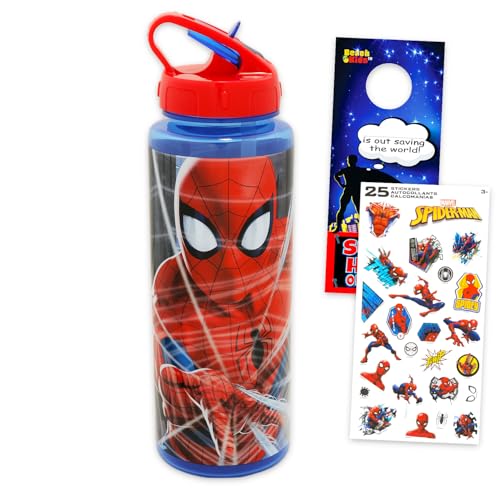Spiderman Reusable Water Bottle Set - Marvel Bundle Plastic 30oz Water Bottle with Spout for Home, School, Sports Plus Sticker, and More | Spiderman Container
