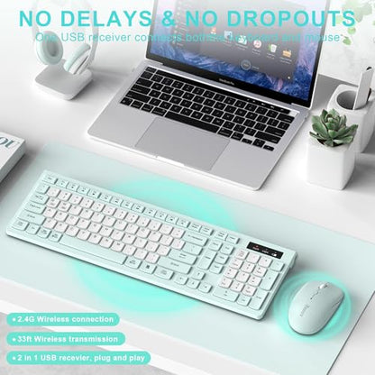Silent Keyboard and Mouse Combo Wireless,ful-Sized Wireless Keyboard and Adjustable DPI Mouse, 2.4GHz USB Receiver, Keyboard and Mouse for PC, Windows, MAC, Desktop, Laptop (Mint Green-B) - color: Mint Green and white-B
