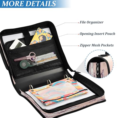 3 Ring Zipper Binder Cherry Blossoms Binder Organizer Portfolio with File and Shoulder Strap & Handle Large Capacity File Folder - color: Cherry Blossoms