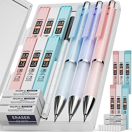 Nicpro 3PCS Pastel Mechanical Pencil Set, 0.9 Mechanical Pencil with 6 Tubes HB Lead 0.9mm, 3PCS Eraser & 9PCS Eraser Refill, Cute School Supplies for Writing, Sketching, Drafting-With Case - style: 3 Pack (0.9mm)