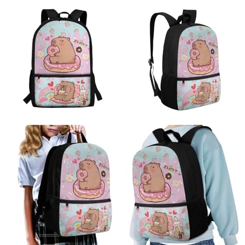 CLOHOMIN Cute Capybara Backpack and Lunch Bag Set 11-12 Primary School Bookbag for Girls 4th Grade Leakproof Cooler Bags Water Bottle Holder with Strap Kids School Bag Children Book Bags, 3pcs - color: Capybara Doughnut