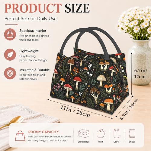 Mushroom Insulated Lunch Bag,Cute Wildflower Leaf Lunch Box for Women,Girls Boys Thermal Insulation Cooler Tote Bag Lightweight for Student School Work Picnic - color: Mushroom