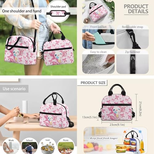 Cute Girls Bookbag Set with Insulated Lunch Bag and Pencil Case for School,Axolotl Ice Cream 3-in-1 Backpack Lunchbox Pouch for Elementary Kids, Waterproof Student Book Bag - color: Pink Bows-axolotl Ice Cream