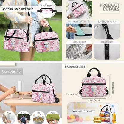 Cute Girls Bookbag Set with Insulated Lunch Bag and Pencil Case for School,Axolotl Ice Cream 3-in-1 Backpack Lunchbox Pouch for Elementary Kids, Waterproof Student Book Bag - color: Pink Bows-axolotl Ice Cream