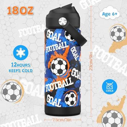 Boys Soccer Water Bottle for School，Kids 18 oz Insulated Stainless Steel Cup with Straw, Double-Wall Vacuum Leakproof - color: C9.Soccer