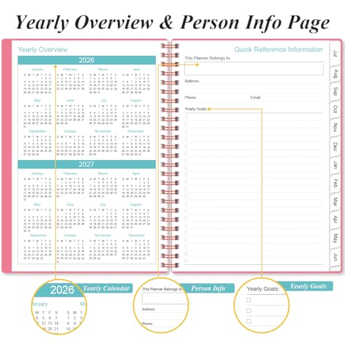 Planner 2026-2027 - A5 Weekly & Monthly Planner Spiral Bound, July 2026 - June 2027, with Flexible Cover, Tabs, Inner Pocket, 6.4" x 8.5", Pink - color: Pink, size: 6.4" x 8.5"