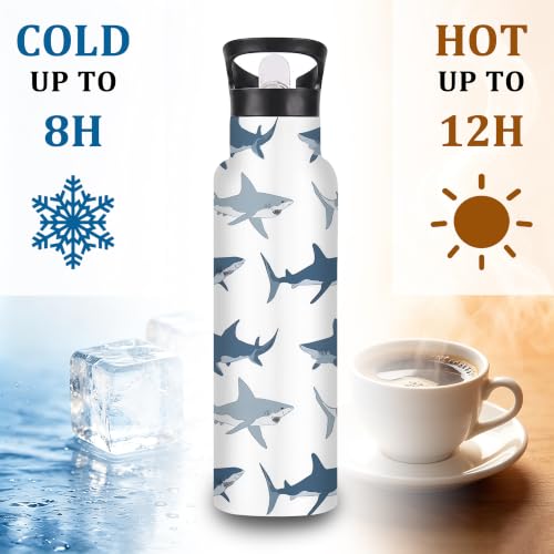 Insulated Water Bottle,Sharks 20 oz Stainless Steel Water Bottles with Straw Lid,Wild Fish Leak Resistant Double Insulated Flask with Handle,Fits Cup Holder,Keeps Drinks Cold - color: Sharks,Wild Fish