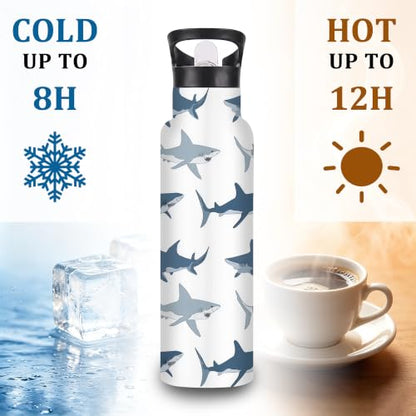Insulated Water Bottle,Sharks 20 oz Stainless Steel Water Bottles with Straw Lid,Wild Fish Leak Resistant Double Insulated Flask with Handle,Fits Cup Holder,Keeps Drinks Cold - color: Sharks,Wild Fish