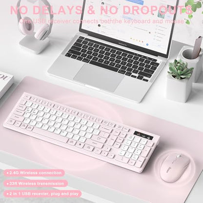 Wireless Keyboard and Mouse Combo, Full-Sized Quiet Wireless Keyboard and Adjustable DPI Mouse, 2.4GHz USB Receiver, Keyboard and Mouse for PC, Windows, Desktop, Laptop (Pink and White-B) - color: Pink and white-B
