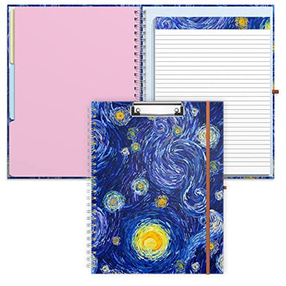 Rimilak Spiral Clipboard Folio with Refillable Lined Notepad, 14.5 x 9.8 In, Hardcover Cover with 5 Interior Pockets, Elastic Band and Pen Loop Series. Cute Stylish Clipfolio, Starry Sky - color: Van Gogh Starry Sky