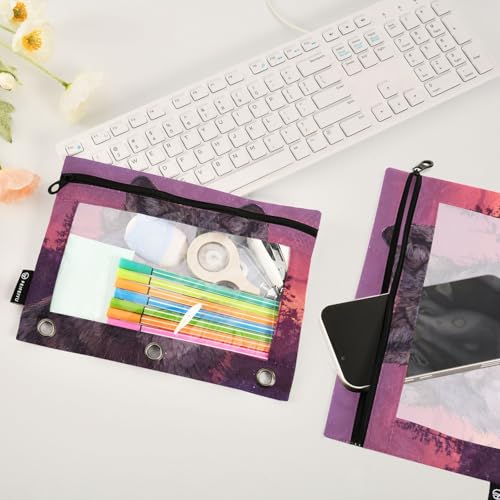 Wolf Purple Pencil Pouch for 3 Ring Binder Pencils Bag Pencil Case with Zipper Clear Window for School Office 2 Packs - color: Wolf Purple