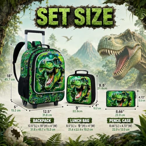 3Pcs Dinosaur Rolling Backpack for Boys, 18" Kids School Backpacks with Wheels, Roller Bookbag with Lunch Box for Preschool Toddler Elementary(Green)