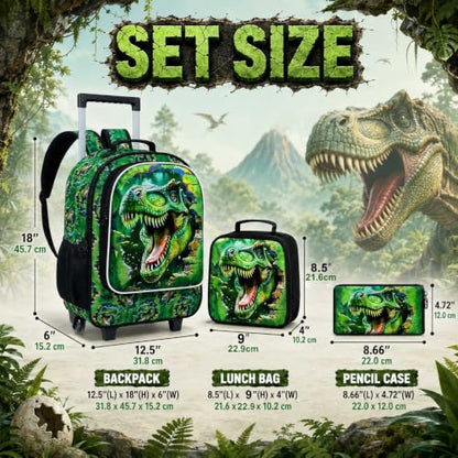 3Pcs Dinosaur Rolling Backpack for Boys, 18" Kids School Backpacks with Wheels, Roller Bookbag with Lunch Box for Preschool Toddler Elementary(Green)