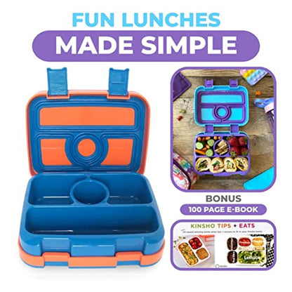 kinsho Bento Lunch Box, Boxes for Kids Toddlers Boys Girls, 4 Portion Divided Sections Secure Lid, BPA Free Removable Tray, Pre-School Kid Daycare Lunches Snack Container, Blue Purple Aqua 2 Pack Set - color: Blue Orange + Blue Purple Bentos
