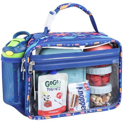 Bagseri Clear Kids Lunch Bag - School Snack Bag with Bottle Holder | Side Pocket, Buckle Handle, Wide Opening, PEVA Lining, School Boys Lunch Box, Clear Toy Bags, Blue Dinosaur - color: A-blue dinosaur