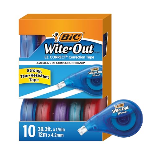BIC Wite-Out EZ Correct Tear-Resistant Correction Tape with 39.3 ft of Tape, 10-Count Pack in White - color: White Tape, size: 10-Count