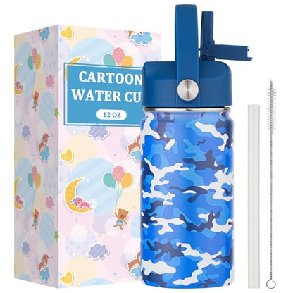 Kids Water Bottle with Straw Lid-12 oz Insulated Stainless Steel Thermal Cup, Leakproof Wide Mouth Sports Bottle Keeps Cold 12H & Hot 6H for Gym Office Outdoor - color: Camouflage