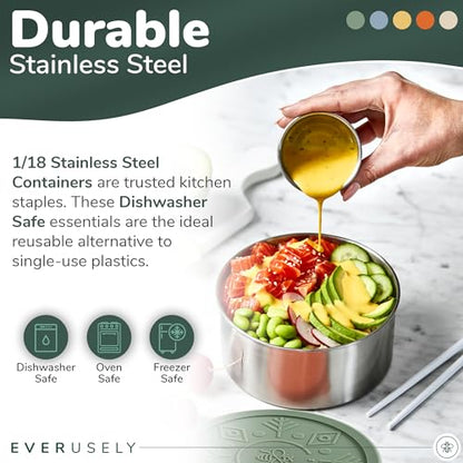 Stainless Steel Food Containers, Metal Lunch Boxes, Set of 5, Muted | Everusely lunch containers feature colorful lids and offer durable utility for snacks, meal prep, and food storage. - color: Muted