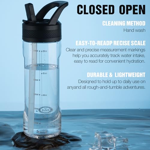 OLDLEY 20oz Kids Water Bottle with Straw, BPA-Free Tritan Water Bottle for School, Leakproof Clear Water Bottle with One Click Open, Measurement Scale, Cup Holder Friendly for Boys Girls,Clear - color: A-Clear
