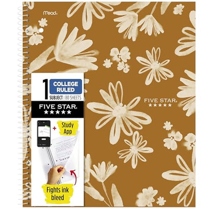 Five Star Spiral Notebook + Study App, 1 Subject, College Ruled Paper, 8-1/2" x 11", 80 Sheets, Fights Ink Bleed, Water Resistant Cover, Soft Petals Harvest (820442F-ECM) - color: Soft Petals Harvest, size: 1 Pack