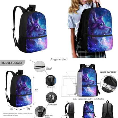 Galaxy Wolf Backpack for Girls Boys Backpack with Lunch Box Water Bottle Carrier and Pencil Pouch 4PCS Set Bookbag with Front Pocket for School 17 inch Large Capacity School Bag for Kids - color: Galaxy Wolf