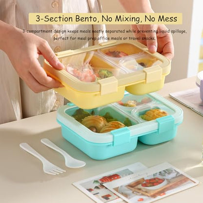 Bento Box, Lunch Box with Lids, 3-Compartment Meal Prep Containers Reusable, Leakproof & Stackable, Food Storage Containers for Office, Travel (Yellow & green) 2pcs - color: Yellow & green