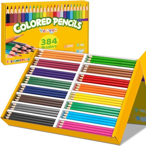 YEGEER 384 Count Colored Pencils Bulk, 16 Assorted Colors, Pre-sharpened Coloring Pencils Set for Kids and Adult, Teachers Essential Classroom Prizes, Back to School Supplies