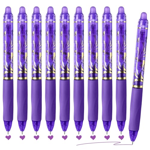 Temiary 10 Pcs Retractable Erasable Gel Pens, Fine Point 0.5 mm, Assorted Color Inks in Pen, Smooth Writing, Make Mistakes Disappear for Writing and Crossword Puzzle (Purple) - color: Purple