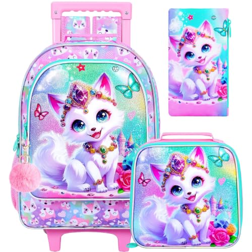 3Pcs Rolling Backpack for Girls, Fox Kids School Backpacks with Wheels, Roller Bookbag with Lunch Box for Elementary Preschool(White) - color: Fox Pink