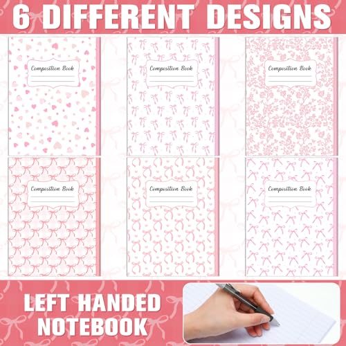 AmazingSpark 6 Pack Lefty Preppy Notebook Cute Bow Coquette Journal 7" x 9" College Wide Ruled 110 Pages Left Handed Aesthetic School Supplies Gifts for Teens Girls Women(Composition,Pink Bow) - color: Pink Bow, style: Composition