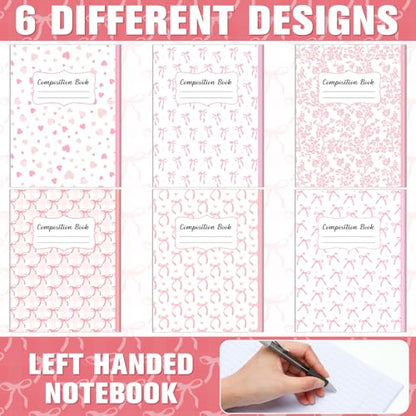 AmazingSpark 6 Pack Lefty Preppy Notebook Cute Bow Coquette Journal 7" x 9" College Wide Ruled 110 Pages Left Handed Aesthetic School Supplies Gifts for Teens Girls Women(Composition,Pink Bow) - color: Pink Bow, style: Composition