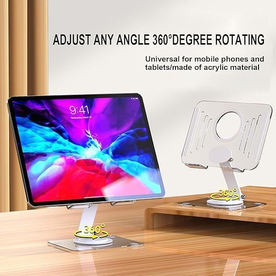 Adjustable Transparent Tablet Stand,360° Rotating Desktop Holder with Foldable Arm,Ergonomic Tablet Mount for Desk,Black/White/Pink/Green Randomly Shipped