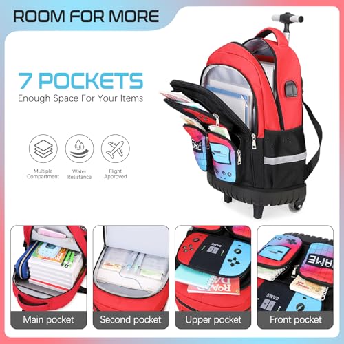 Jafeton Rolling Backpack for Boys, 3 PCS Gamer Boy Backpack Set with Lunch Box & Pencil Pouch, Roller Wheels School bag for Boys Kids Teens, Elementary Middle School, Kids Bookbag Casual Daypack - color: Red Black