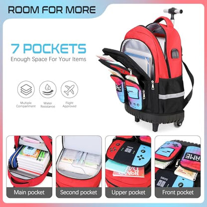 Jafeton Rolling Backpack for Boys, 3 PCS Gamer Boy Backpack Set with Lunch Box & Pencil Pouch, Roller Wheels School bag for Boys Kids Teens, Elementary Middle School, Kids Bookbag Casual Daypack - color: Red Black