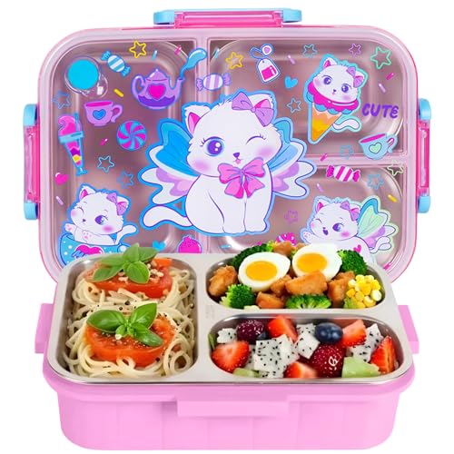 Stainless Steel Bento Lunch Box for Kids, 800ml/27oz BPA-Free Leak-Proof Food Containers with 3 Compartments, Freezer & Dishwasher Safe, Back to School Students Lunches Size for Ages 3-7 - color: B08. Cat