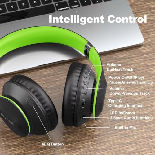 Wireless Bluetooth Headphones Over Ear 65H Playtime HiFi Stereo Headset with Microphone and 6EQ Modes Foldable Bluetooth V6.0 Headphones for Travel Smartphone Computer Laptop - color: Green