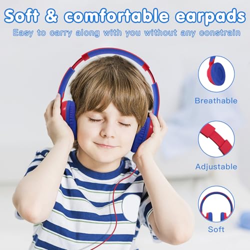 ZIHNIC Wired Kids Headphones, Safe 85dB Volume Limit for Boys & Girls, Comfortable Earpads, Foldable Design for School, Tablets, and Travel-RED - color: RED
